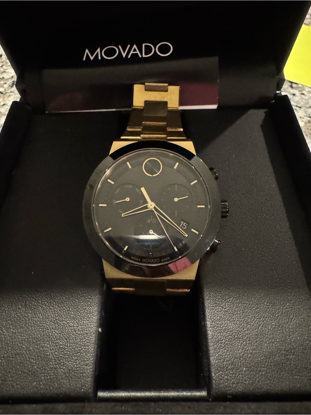 New Movado Men's Gold and Black Chronograph Bracelet Watch